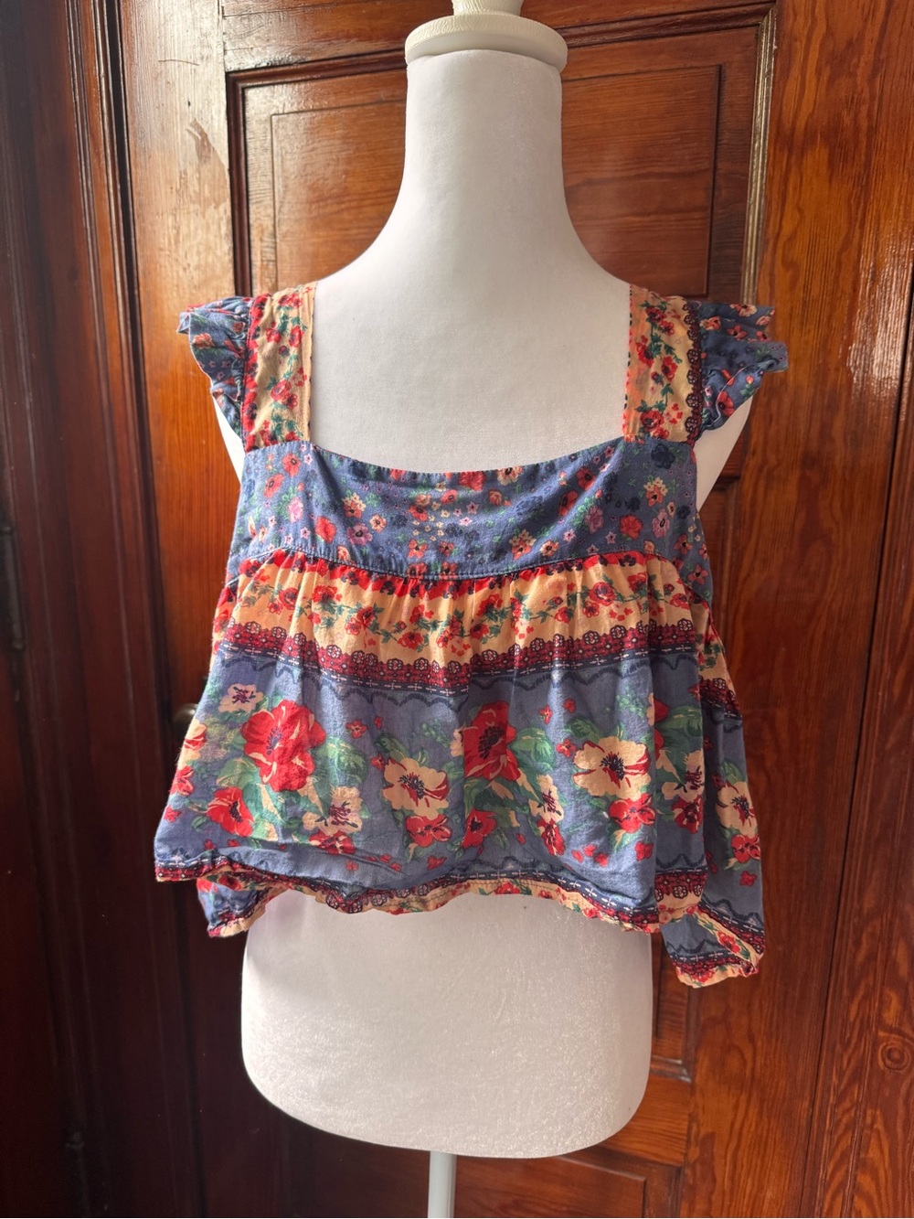Olivaceous Blue Floral Ruffled Crop Top Cottagecore Boho Beach Vacation